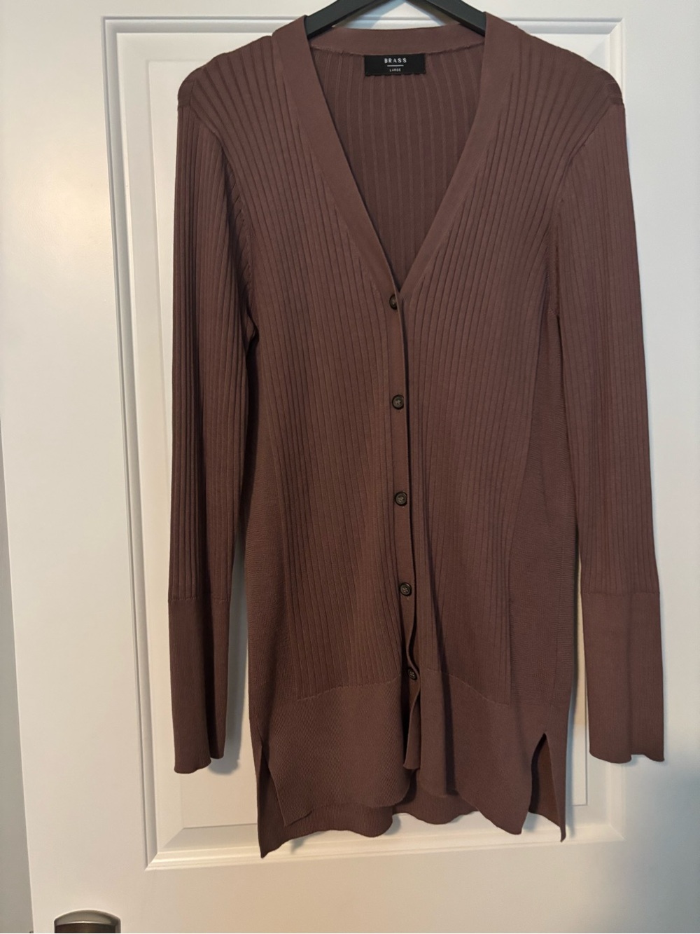 BRASS Ribbed V-Neck Button Front Cardigan in Mauve Brown